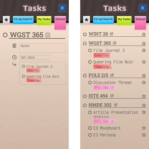 Final screens of the app redesign, showing a more colorful and textured design style
